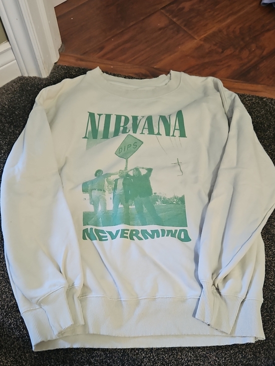 American Eagle Outfitters Sweaters - American Eagle Outfitters White Crewneck with Green Nirvana Graphic